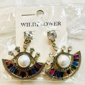 Wildflower Evil Eye Pearl Drop Faux Gemstone Earrings New Rainbow Jewelry Gold